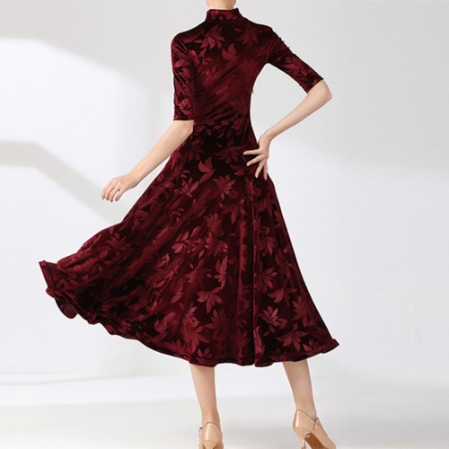 Women girls wine navy peacock blue ballroom dance dresses velvet with leaves printed waltz tango long sleeves foxtrot smooth dancing long gown for lady